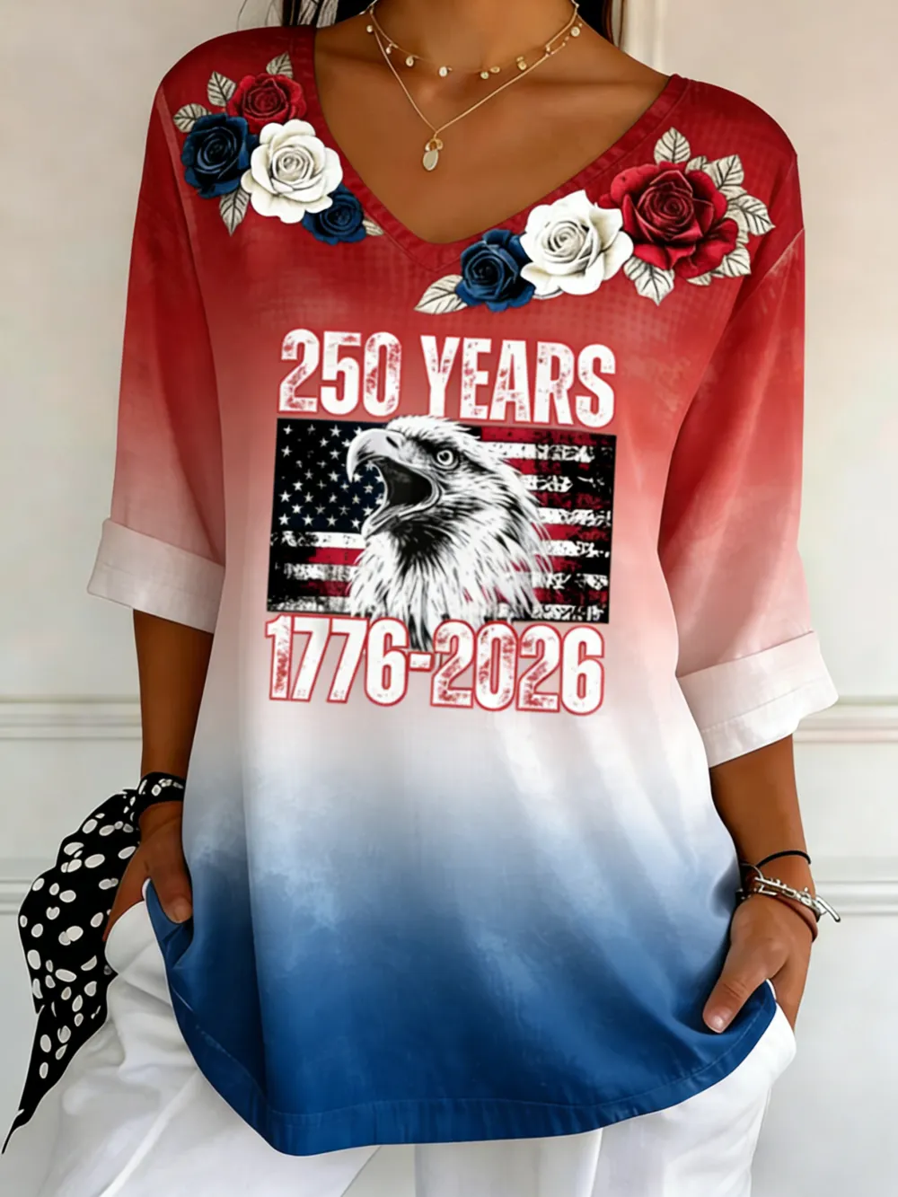 250 Years 1776-2026 Eagle Rose V-Neck Top