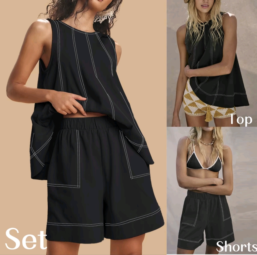 SCUSTY Women's 2-Piece Sleeveless Outfits SetA-Line Tank Tops Paired with High-Waist Shortswith Pockets