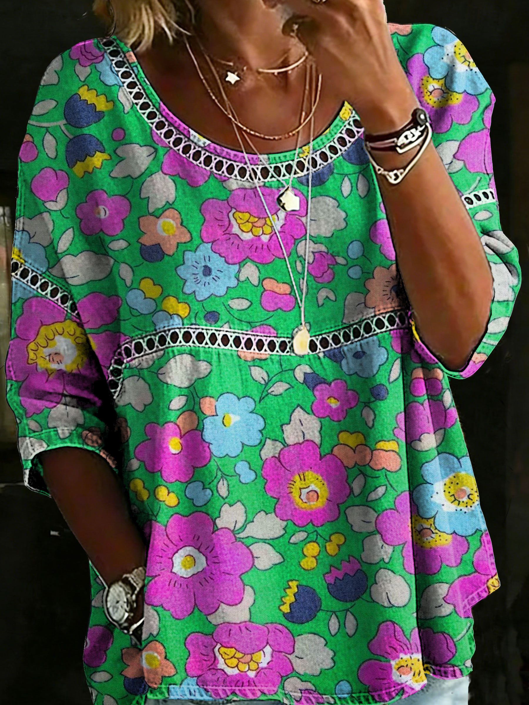 Women's Vintage Flower Casual Loose Denim Blouse Shirt