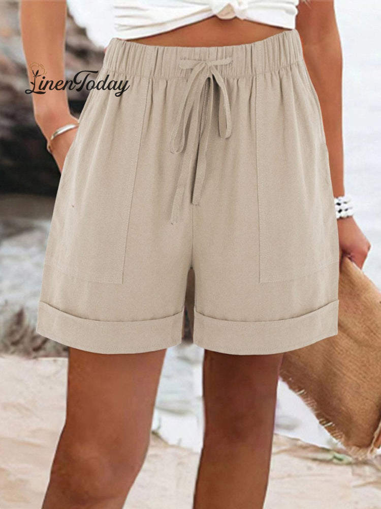 Women's Summer Casual Solid Color Drawstring Shorts With Pockets