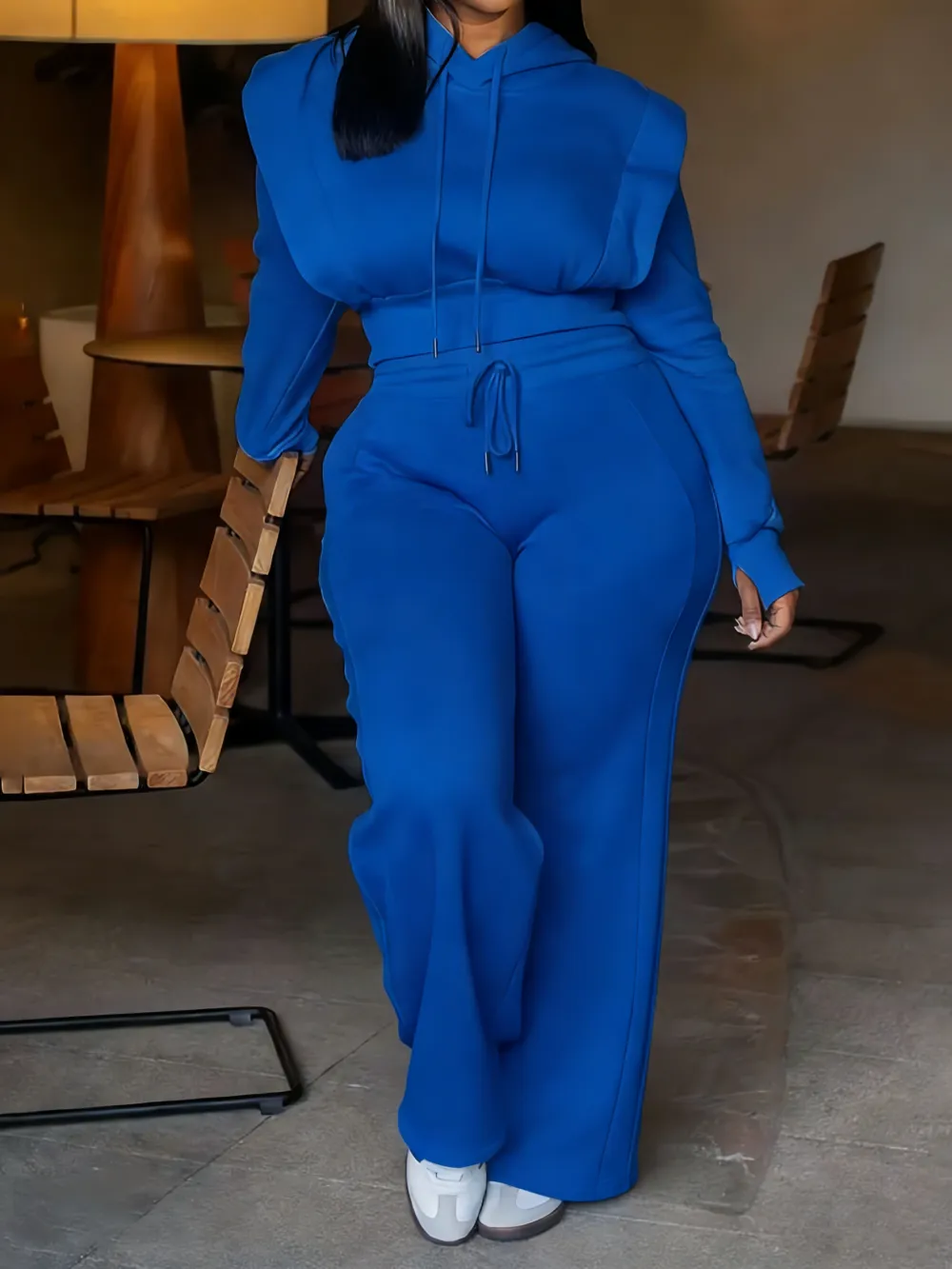 Women’s Hooded Sweatshirt & Wide-Leg Pants Set – Slim Fit, Casual Sportswear