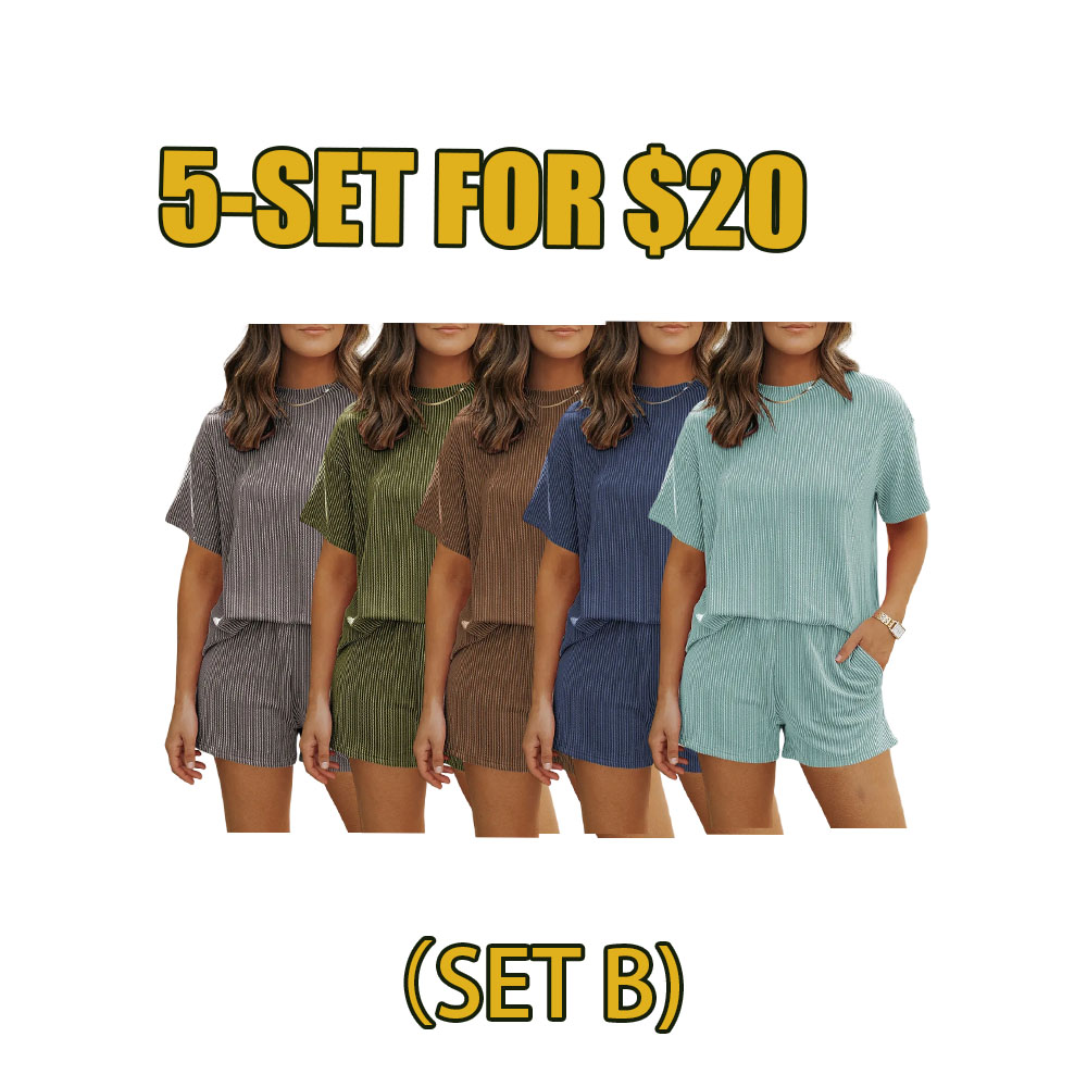 Women's Summer Ribbed 2-Piece Lounge Set – Short Sleeve Top & High-Waist Shorts with Pockets