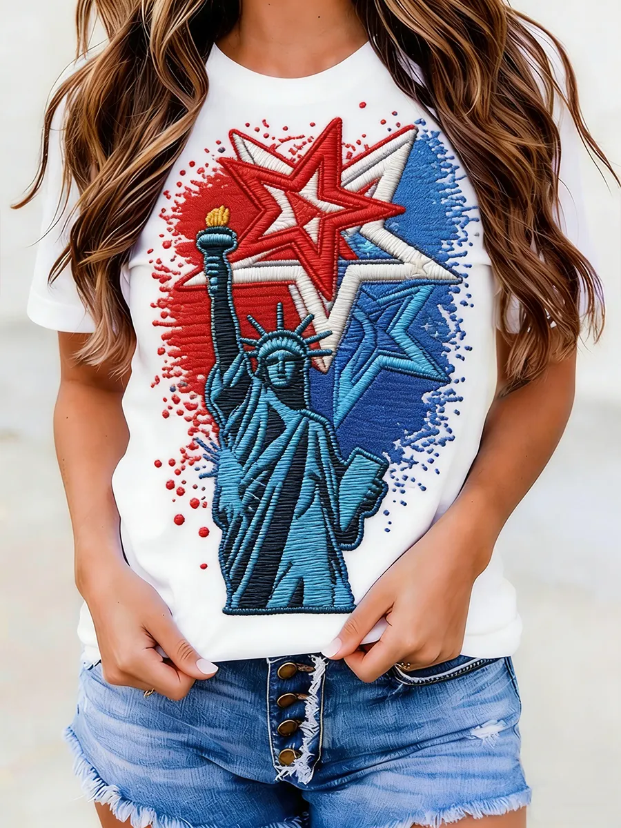 Women's 250th Anniversary Statue of Liberty Embroidered Printed Casual T-shirt