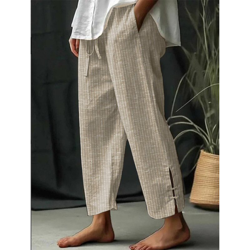 Women's Vintage Stripe Art Printed Cotton And Linen Casual Pants