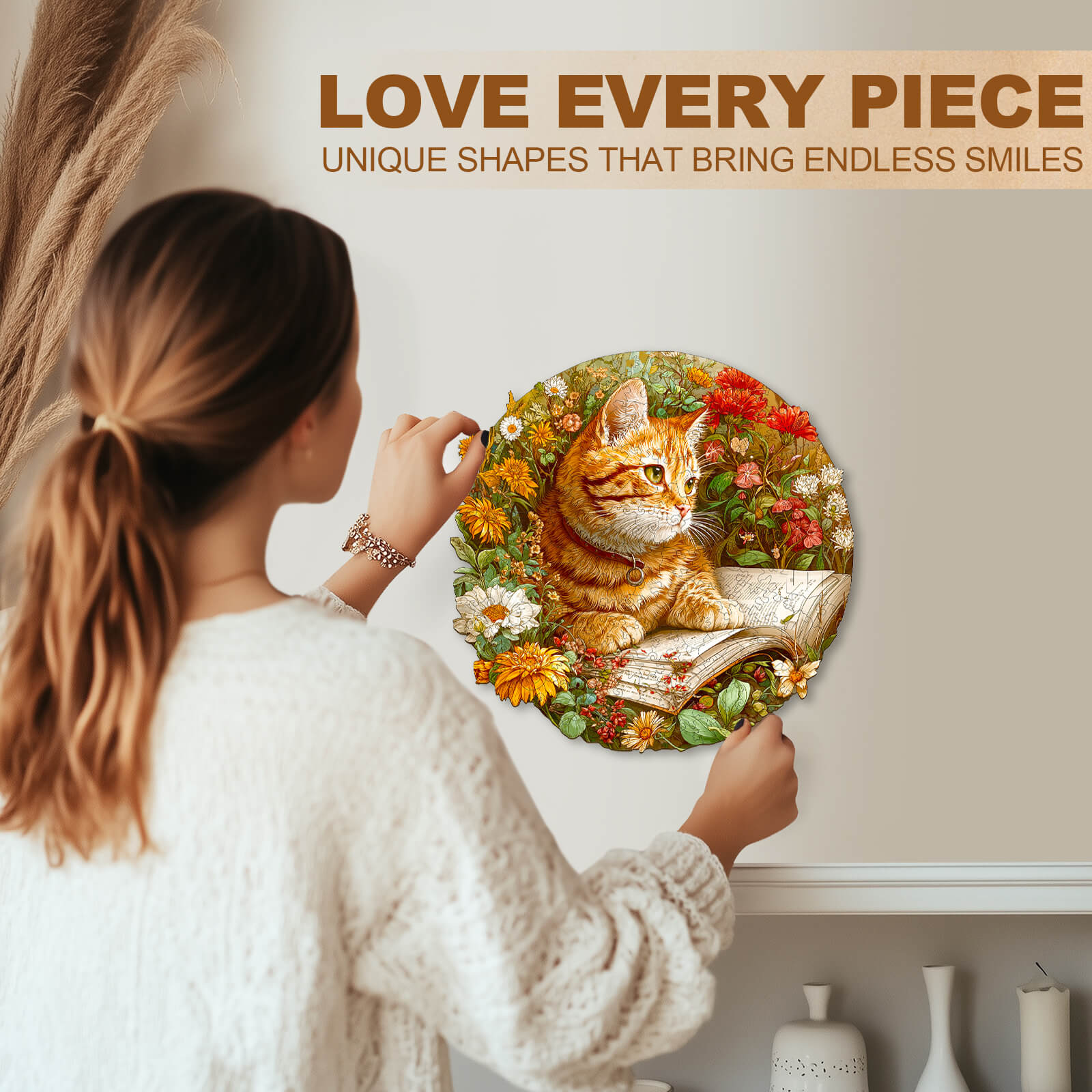 Flower Kitten Reading Wooden Jigsaw Puzzle