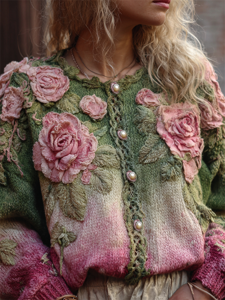 Pink Roses Crochet Embroidered Forest Gradient Cozy Cardigan