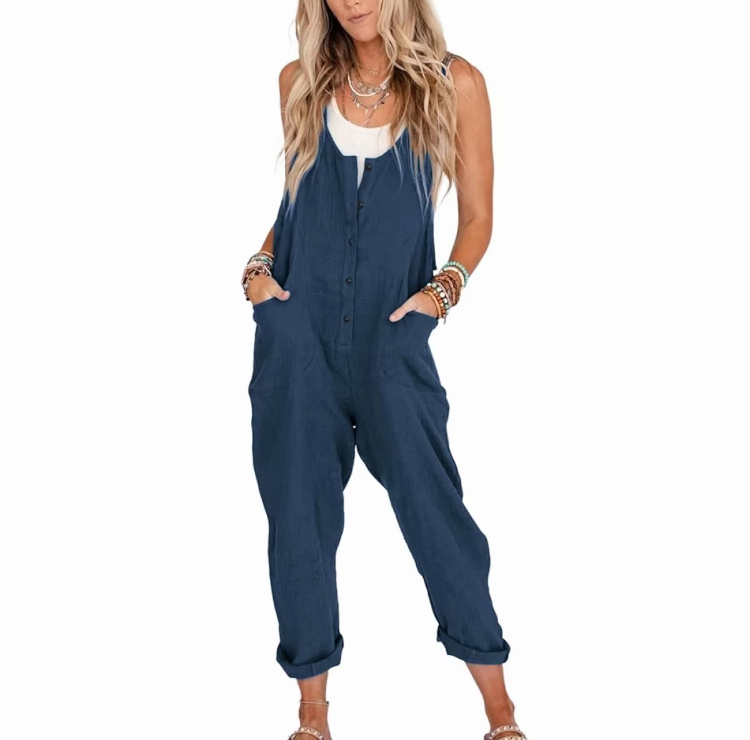 Women's Linen Cotton Overalls – Lightweight Casual Jumpsuits with Pockets for Summer