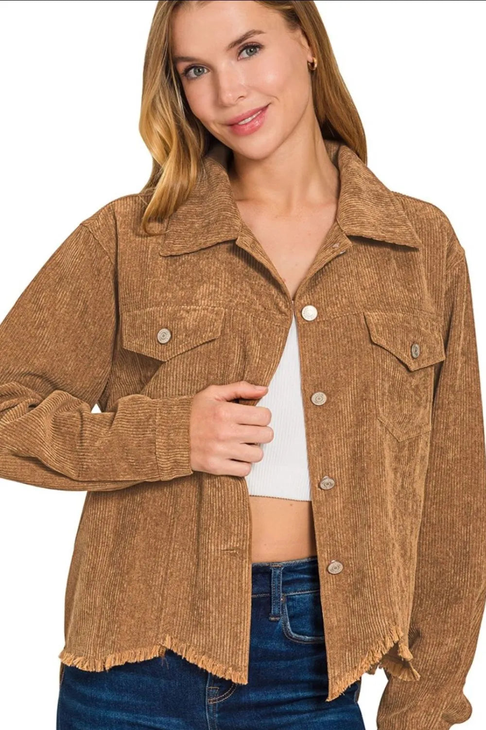 Distressed Corduroy Frayed Hem Cropped Jacket