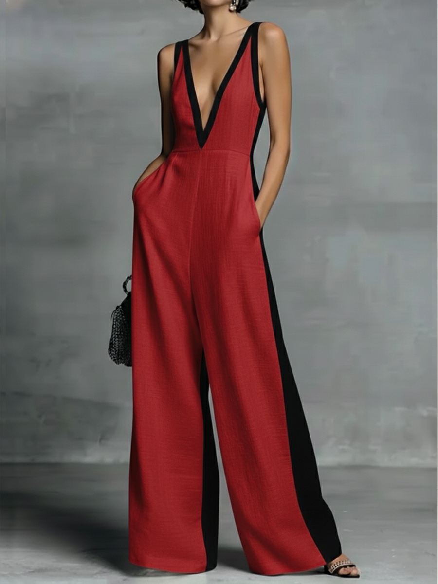 Patchwork Linen And Cotton Sleeveless Jumpsuit