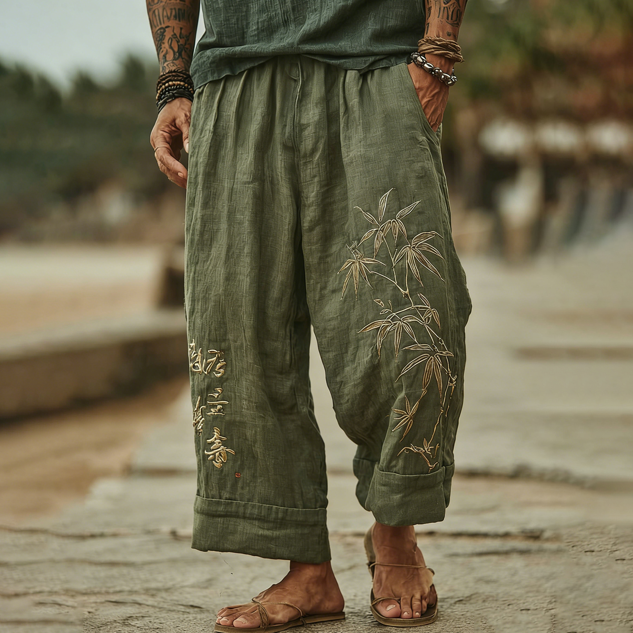 Men's Japanese Bamboo Art Wide Leg Linen Pants