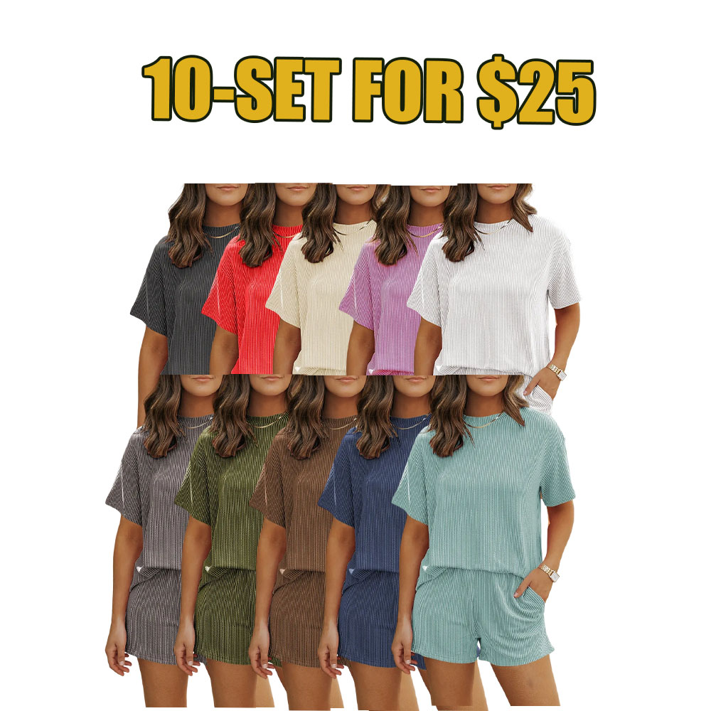 Women's Summer Ribbed 2-Piece Lounge Set – Short Sleeve Top & High-Waist Shorts with Pockets