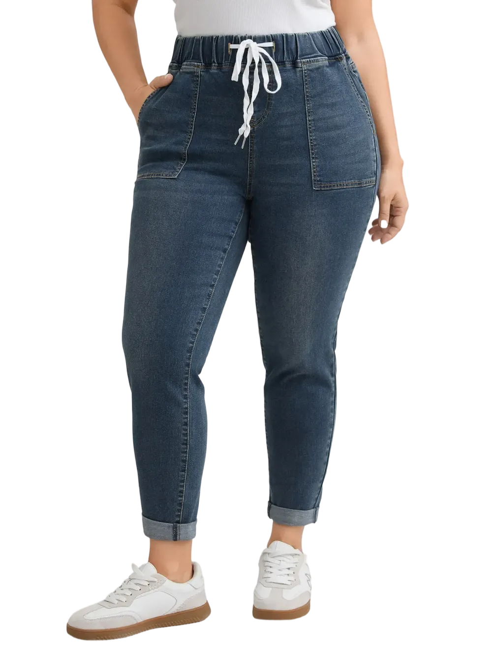 2026 Drawstring Elastic Waist Roll Hem Jeans