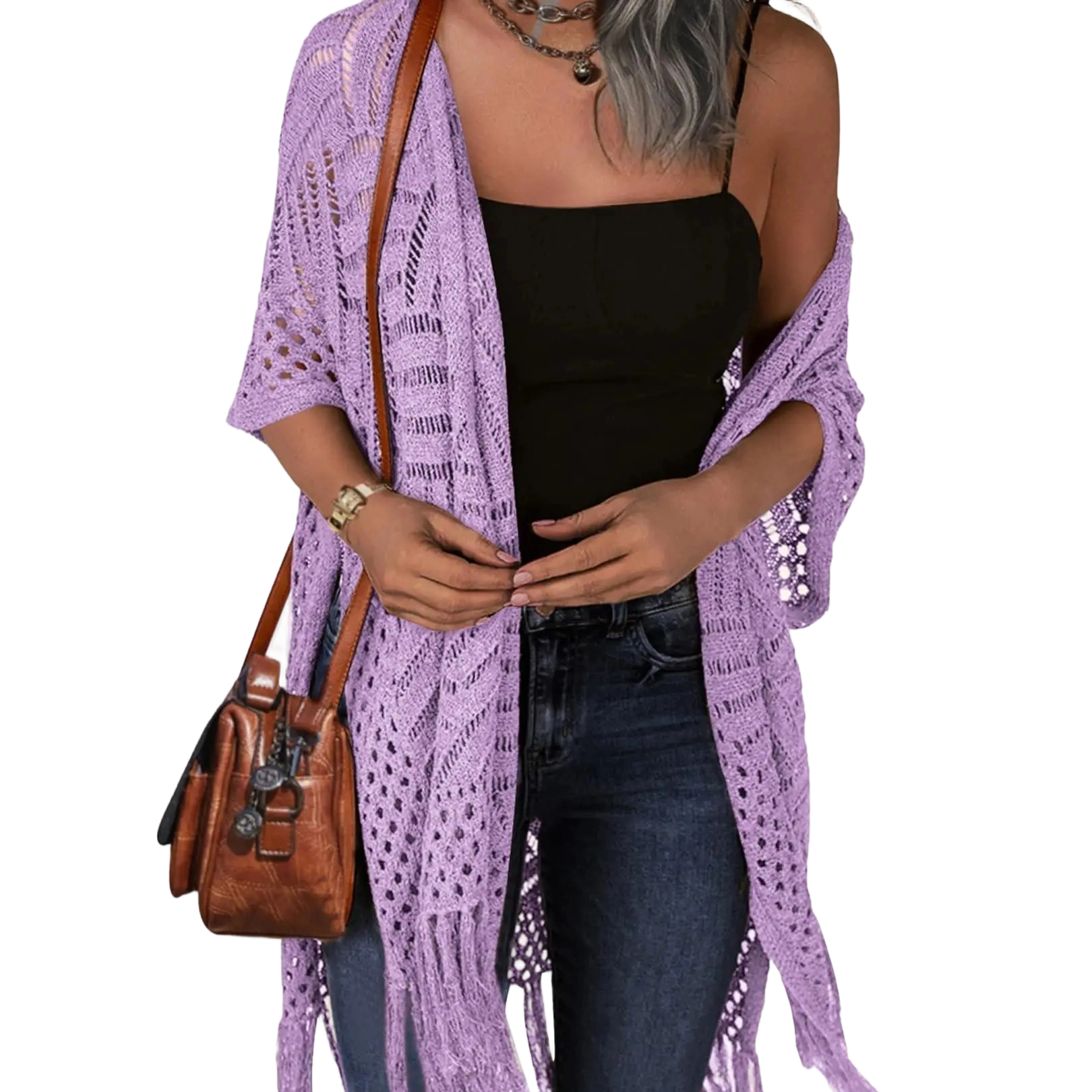 Womens Knit Cardigan Open Front Outwear New Spring & Summer Hollow Out Crochet Tassel Lightweight Kimonos Sweater