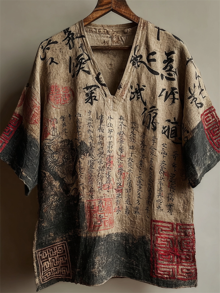 Men's Japanese Dragon Calligraphy Stamps Art Linen Shirt