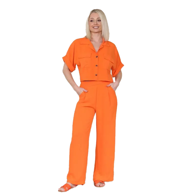 KatchMe Women's Casual Button Front Flap-Pocket Blouse & Wide Leg Trousers Co-ord Set – Crop Short Sleeve Shirt & High Waist Pants Two-Piece Se