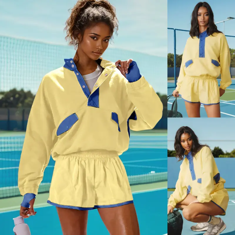 Tanming Women's Two Piece Short Sets SummerLounge Sweatsuits Long Sleeve Outfits TravelTracksuit with Pocket Summer 2 Piece MatchingSets Women Clothes Casual Yellow ComfortFitted Vneck Rodeo Outfits Womenswear