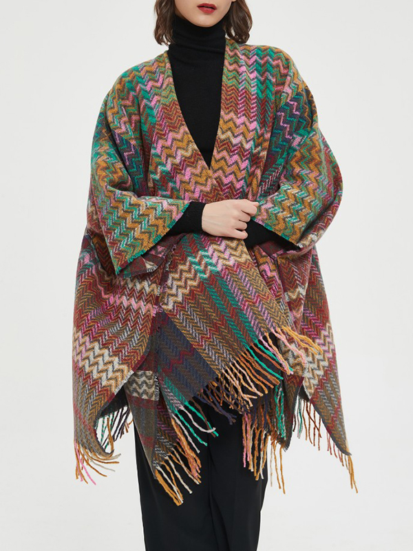 Keep Warm Split-Side Tasseled High-Low Long Sleeves Shawl&Scarf