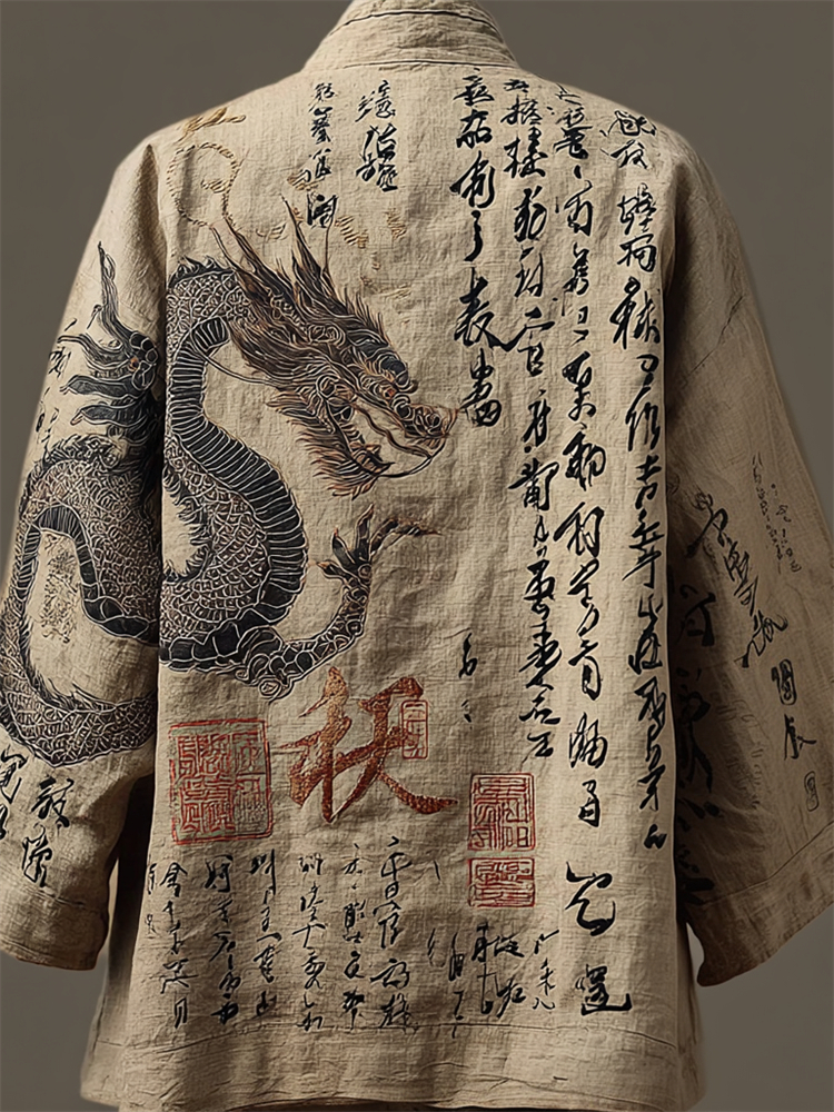 Japanese Gragon Calligraphy Art Embroidered Linen Kimono Cardigan