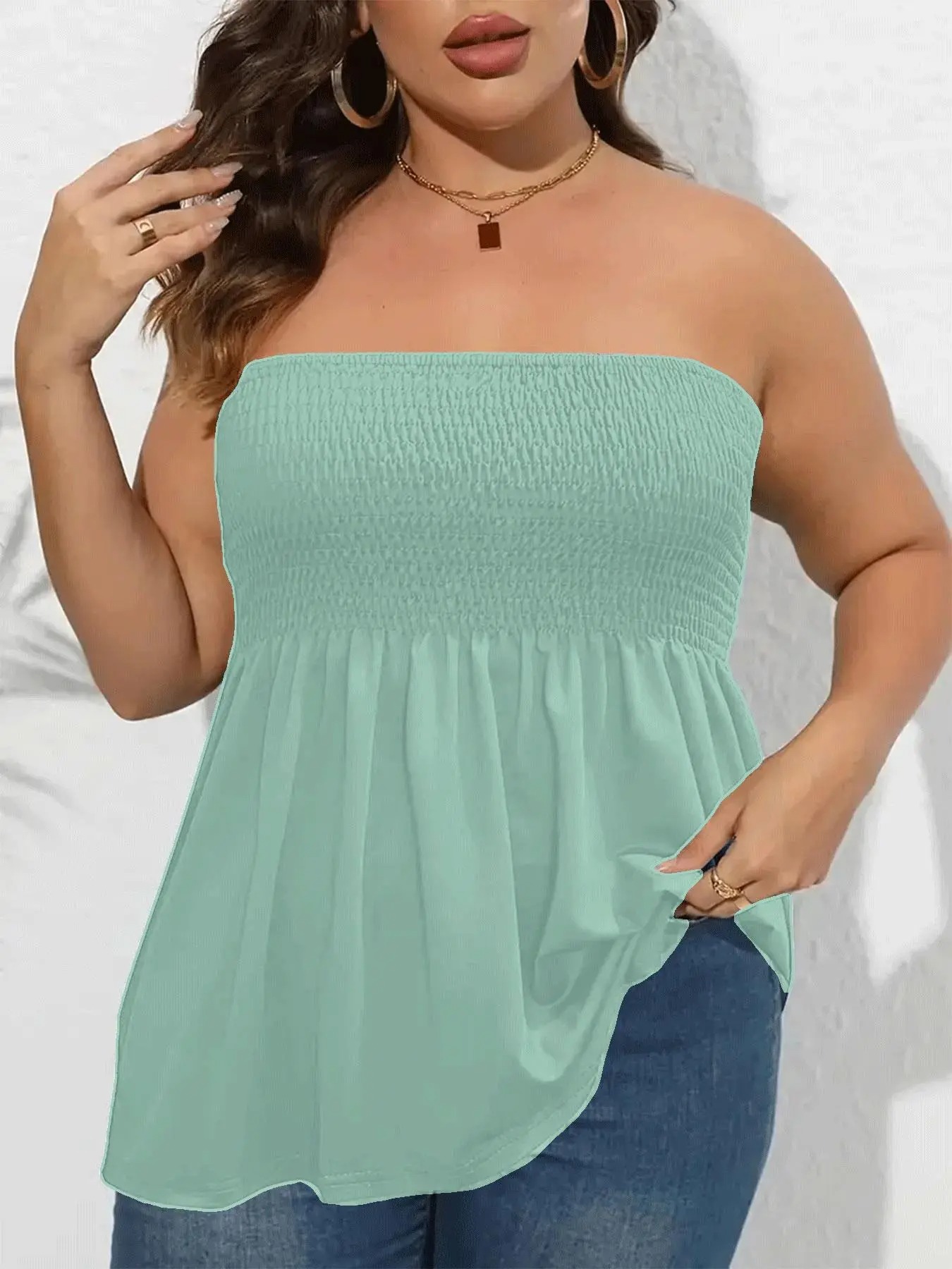 👚 Plus Size Shirred Strapless Tube Top – Ruffle Hem Boho Style