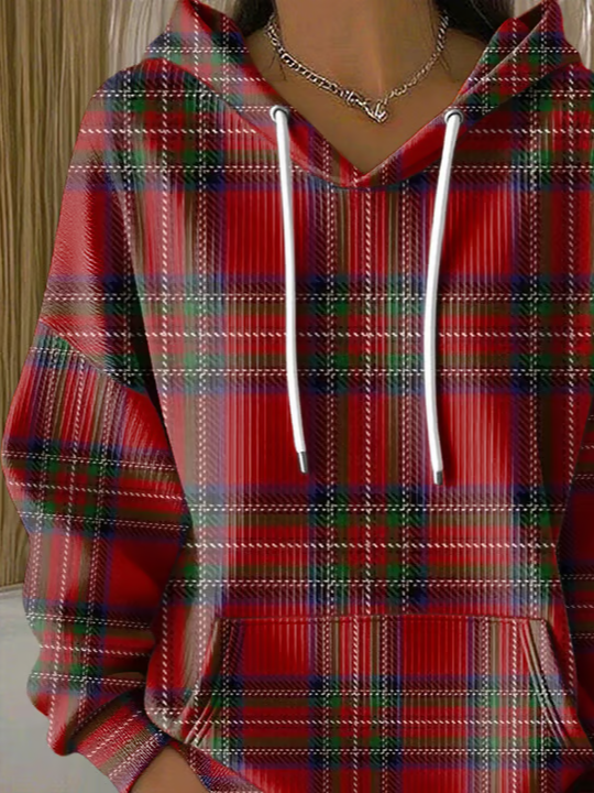 Women's Christmas Plaid Print Casual Hooded Sweatshirt