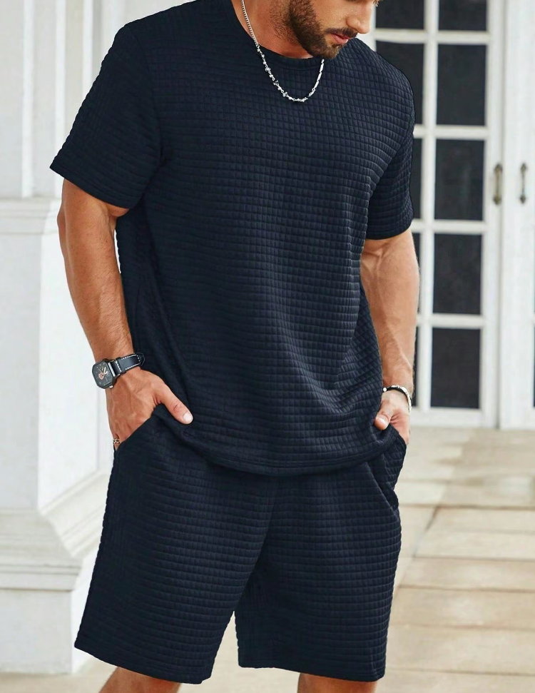 Plus Size Men's Summer 2-Piece Set – Waffle Knit Tee & Pocket Shorts | Casual Regular Fit Outfit