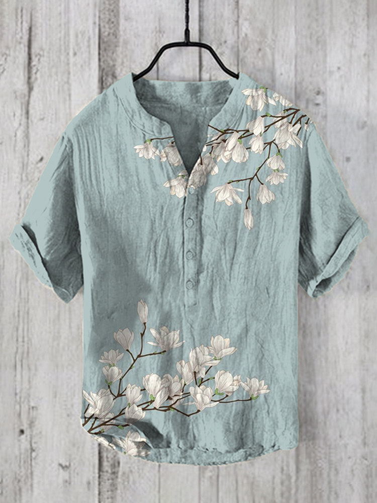 Men's Vintage Japanese Art Magnolia Flower V Neck Casual Linen Blend Shirt