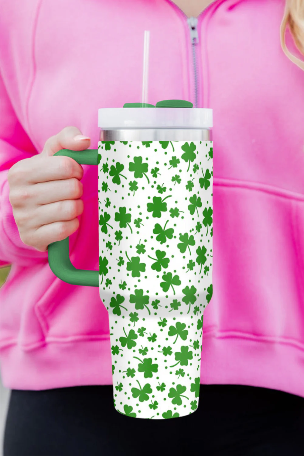 Dark Green St. Patricks Shamrock Print Handle Vacuum Cup 1200ml