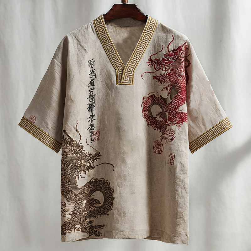 Men's Calligraphy With Dragon Art Print Short Sleeve Shirt