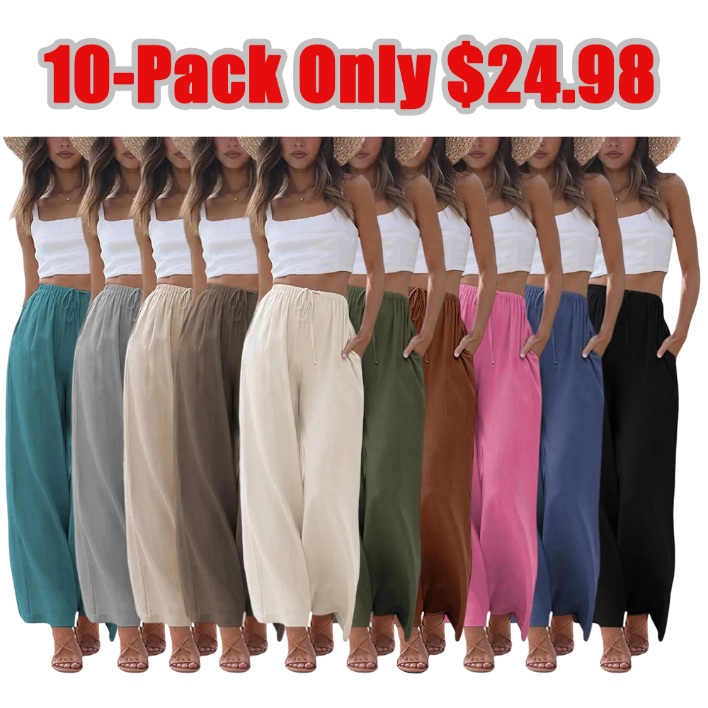Women's Cotton Linen Summer Palazzo Pants Flowy Wide Leg Beach Trousers with Pockets Casual Womenswear
