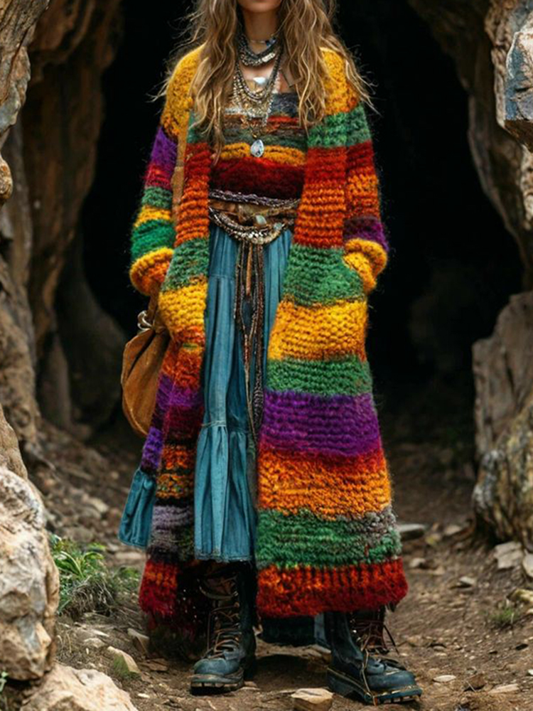 Women's Colorful Rainbow Patchwork Pattern Print Cardigan d1c0