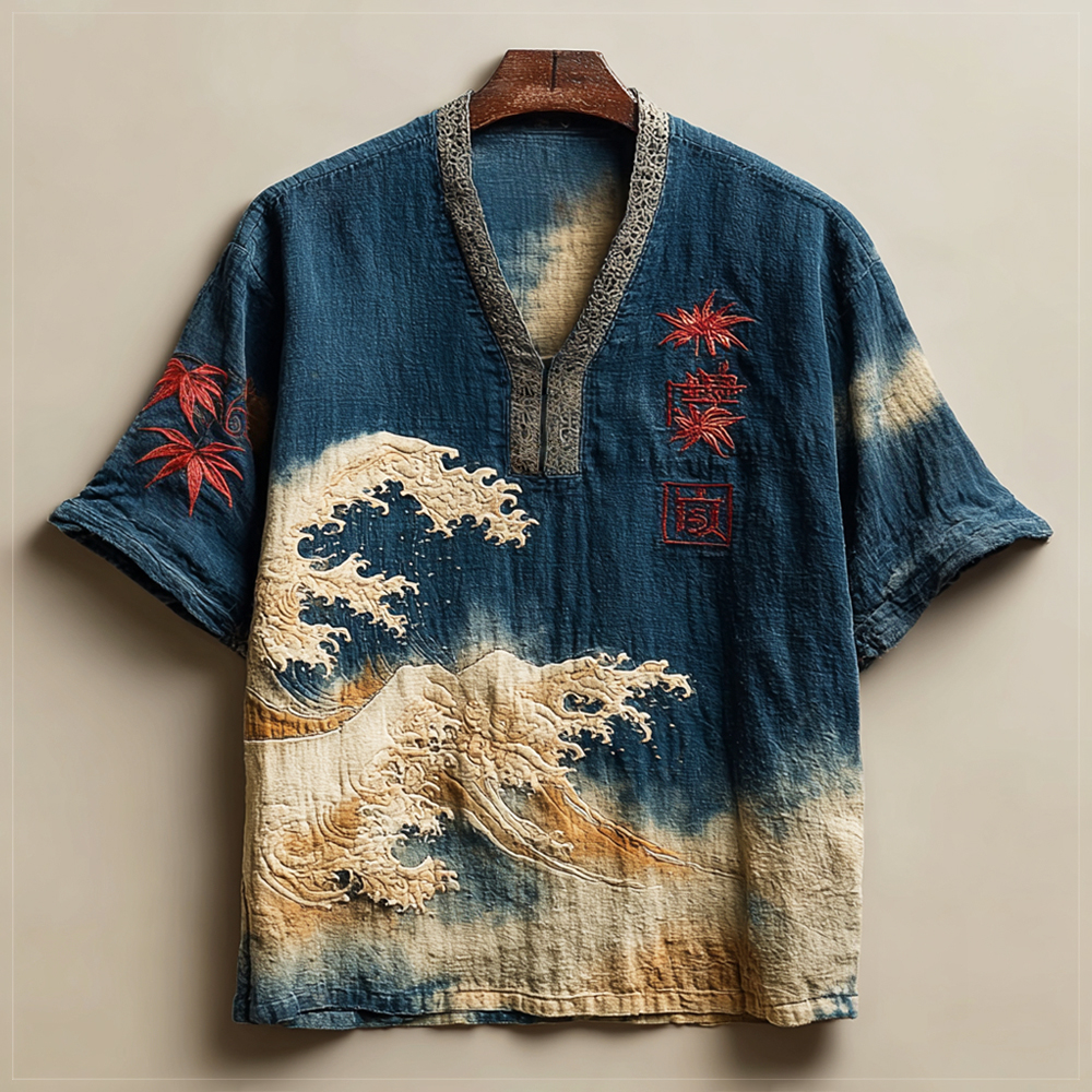 Vintage Japanese Maple & Wave Art Men's Linen V-neck Shirt
