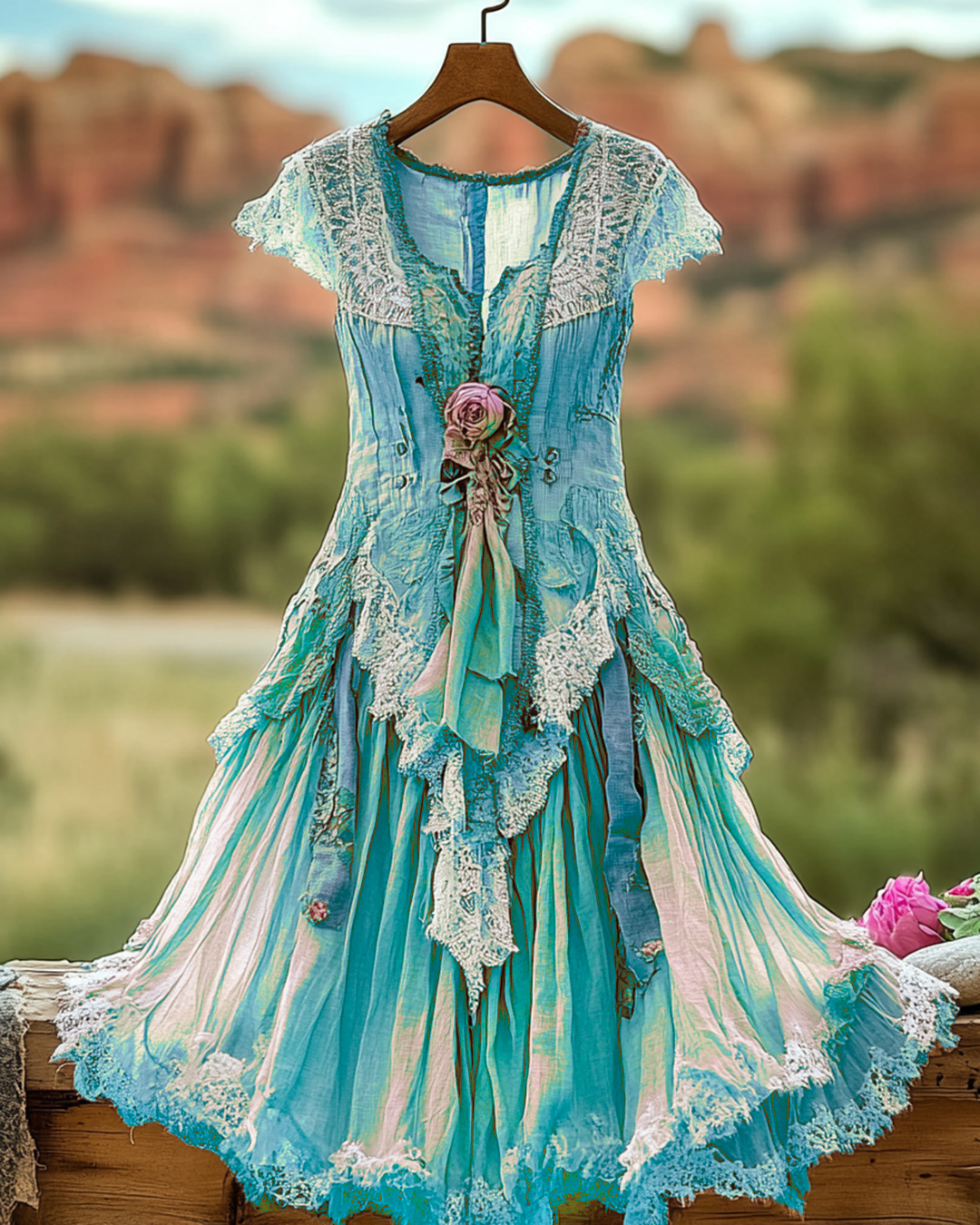 Summer Vintage Floral Lace Patchwork Blue Dress 9144