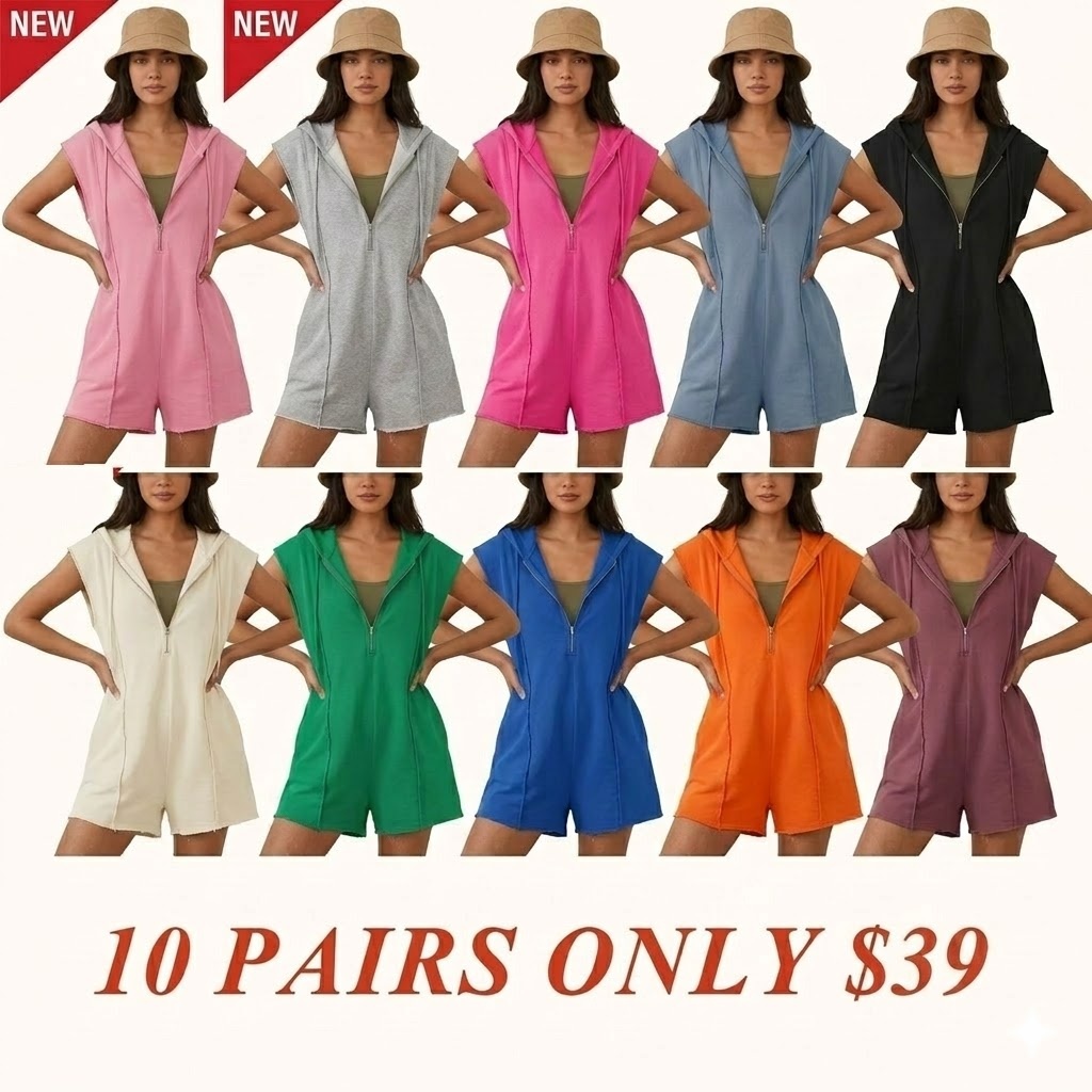 Womens Hooded Romper Sleeveless Athletic Workout Summer Casual Half Zip V Neck Overall Jumpsuits with Pockets