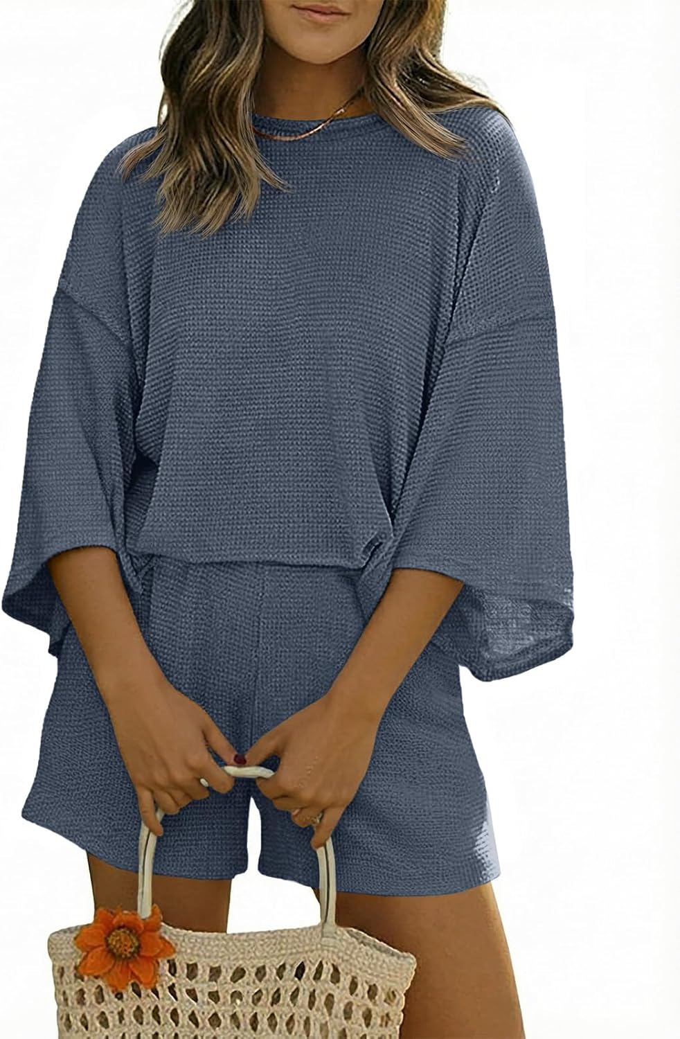 Womens Short Sets 2 Piece Outfits 3/4 Sleeve Tops and Elastic Waist Shorts Lounge Set Casual Loungewear