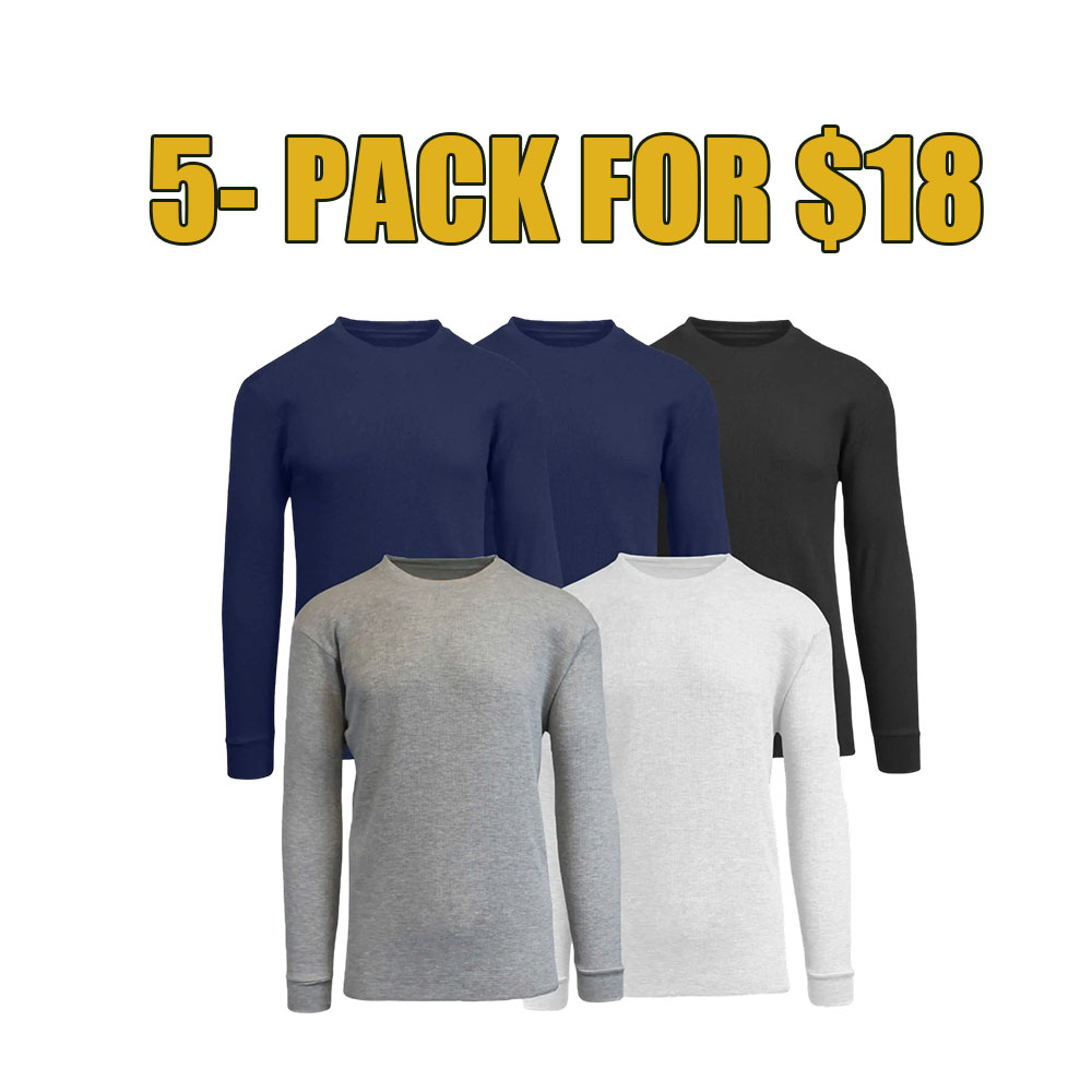 5-Pack Waffle Knit Thermal Shirts – Long Sleeve Crew Neck & Henley Set