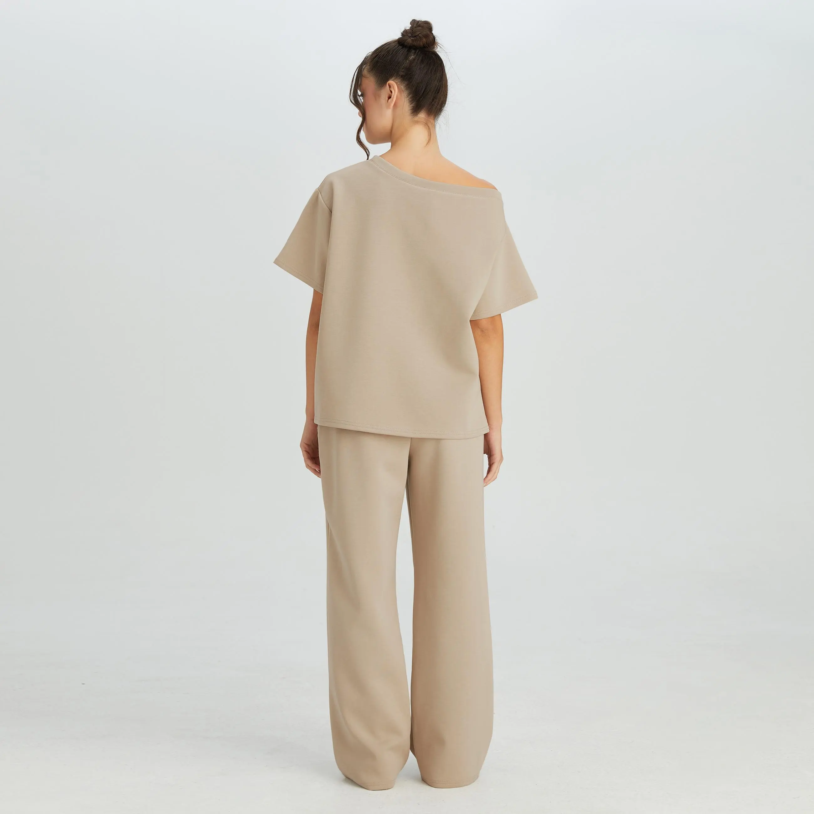 Women's Simple Style Solid Color Sloping Shoulder Short Sleeve Top & Drawstring Waist Wide Leg Trousers Co-ord Set