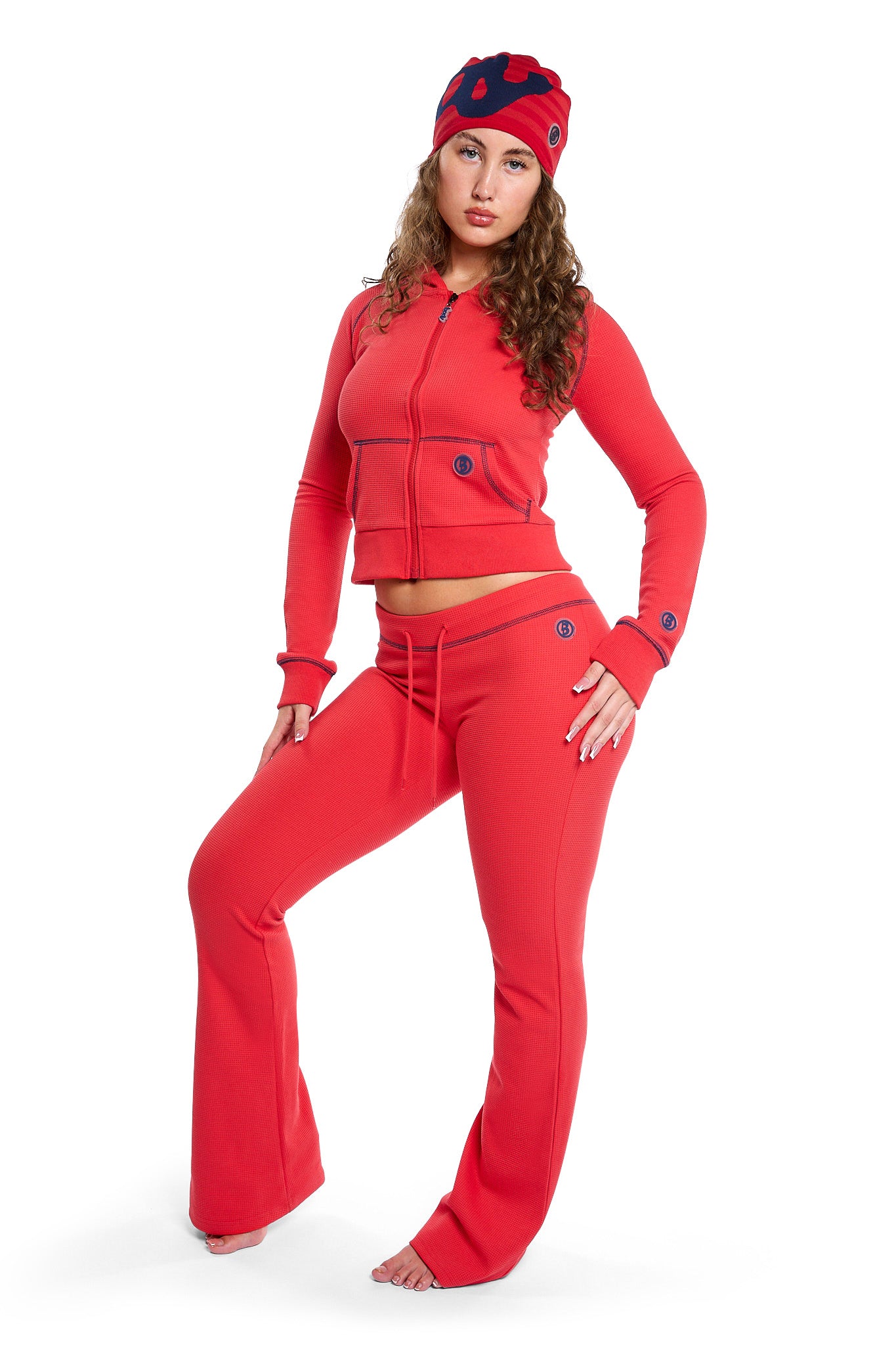 WAFFLE KNIT BOOT CUT PANTS (CANDY APPLE RED/NAVY)