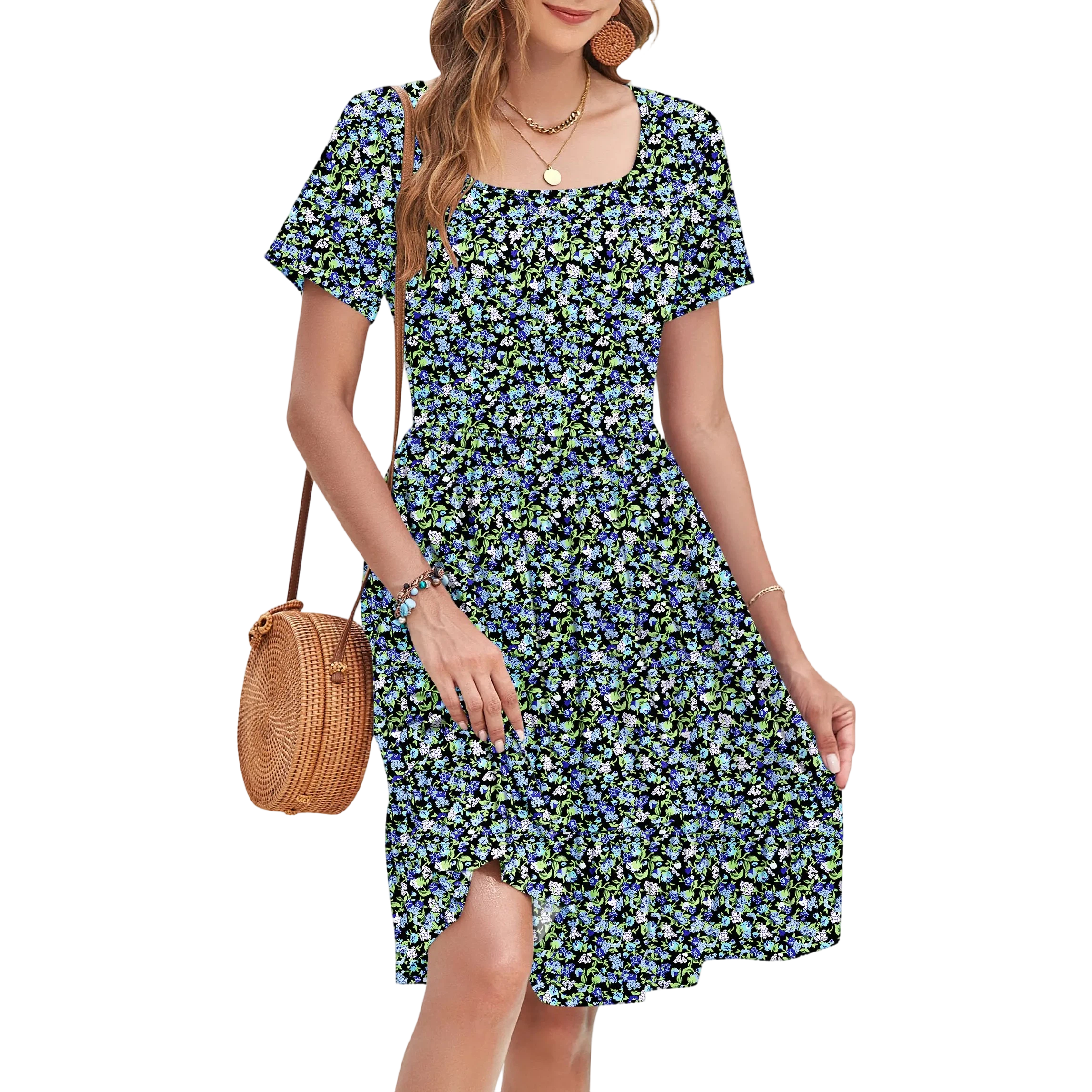 Womens Square Neck Casual Short Sleeve Dress 2026