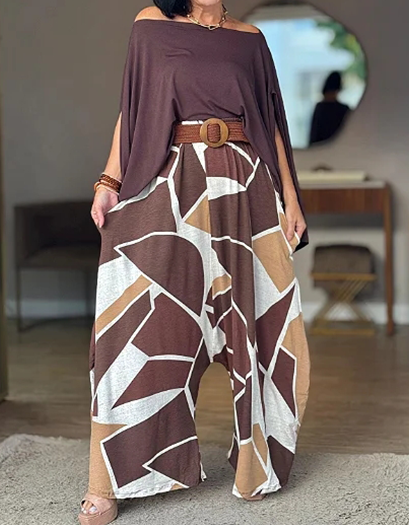 Women's Casual Solid Top & Printed Pants Set – Effortless Everyday Style