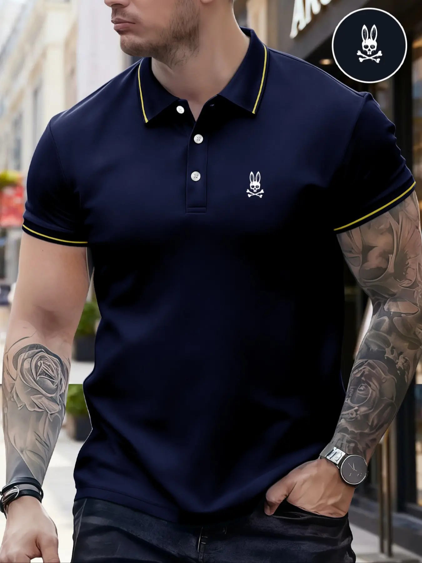 Men's Regular Fit Letter Print Skull Rabbit Contrast Trim Polo Shirt, Casual Short Sleeve Half Zip Top for Summer