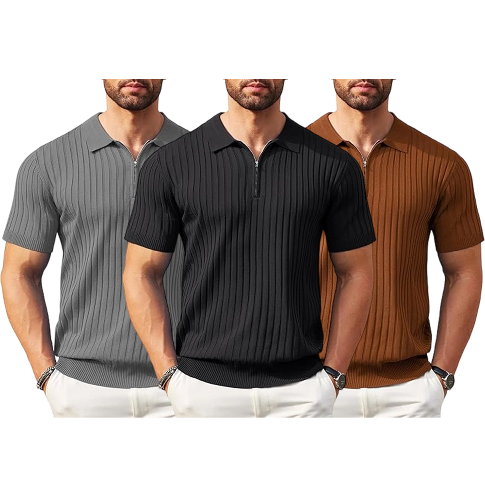 Men's Zipper Polo Shirts Short Sleeve Ribbed Knit Polo T Shirts Fashion Casual Golf Shirts