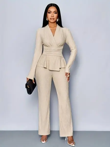 Women's Elegant V Neck Long Sleeve T-Shirt And Wide Leg Pants Two Piece Set