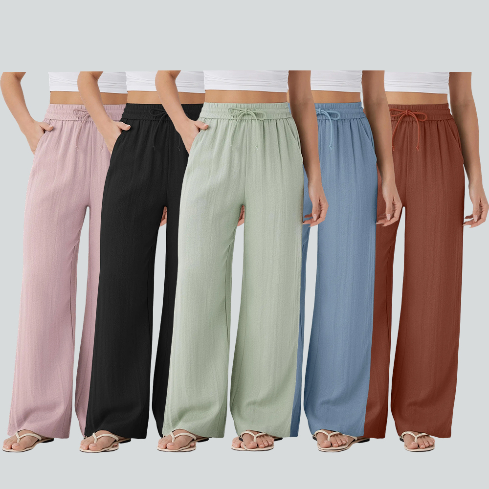 Women's High Waisted Drawstring Pocket Wide Leg Casual Linen-Feel Pants