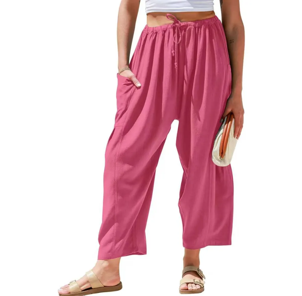 TARSE Women's Linen Wide Leg Pants – Casual Loose-Fit Palazzo Harem Pants with Pockets for Summer Beach Outfits