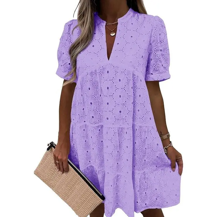 Women’s Summer Lace Dresses Eyelet Casual Flowy Babydoll Swing Short Sleeve V Neck Tunic Dress