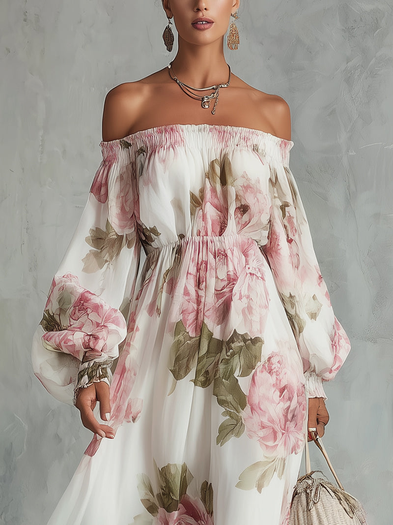 White And Pink Floral Print Off-shoulder Chiffon Maxi Dress