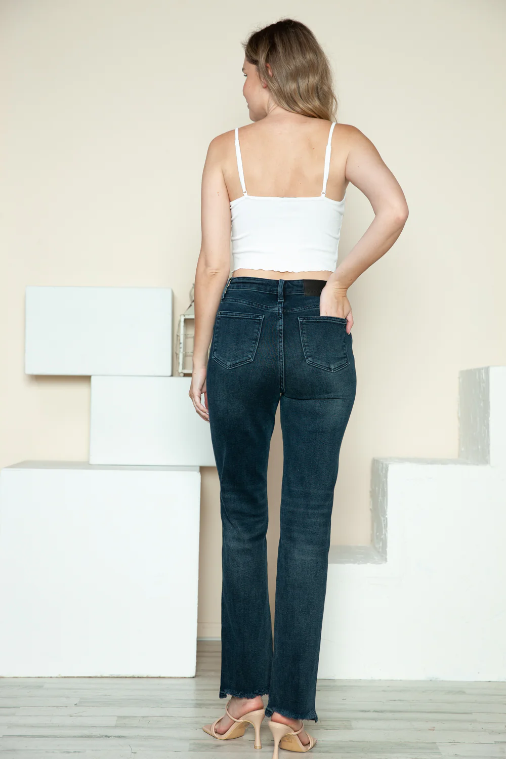 Blue Full Size Button Fly Hem Destroy Straight Jeans