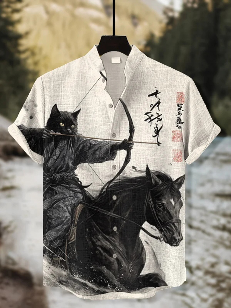Men's Retro Calligraphy War-horse Black Cat Showa Archer Print Short Sleeve Shirt