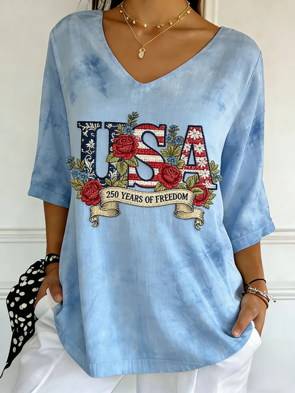 USA 250 Years Of Freedom Floral Embroidered V-Neck Top