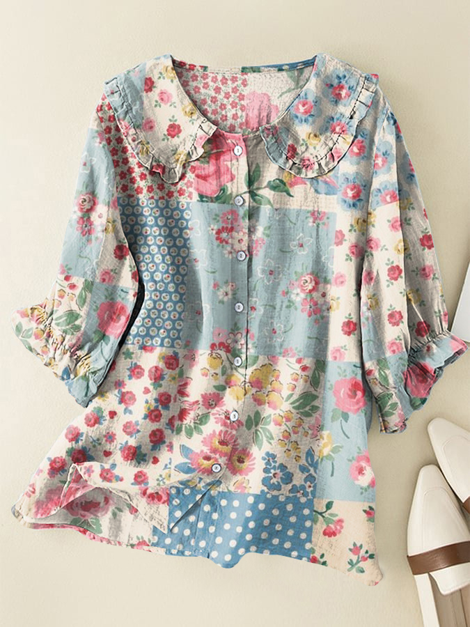 Vintage Bohemian Floral Cotton and Linen Peter Pan Ruffle Collar Shirt